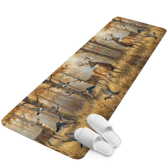 Runner Rug 15.7"x47.2", Brown Deer Birds Non Slip Backing Floor Mats Area Rugs, Absorbent Muddy Dirt Trapping Carpet for Hallway Entryway Kitchen Bedside Autumn Forest Trees Grass Natural Scenery