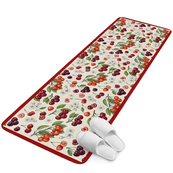 Runner Rug 15.7"x47.2", Cherry Non Slip Backing Floor Mats Area Rugs, Absorbent Muddy Dirt Trapping Carpet for Hallway Entryway Kitchen Bedside Vintage Watercolor Purple Red Fruits on Linen
