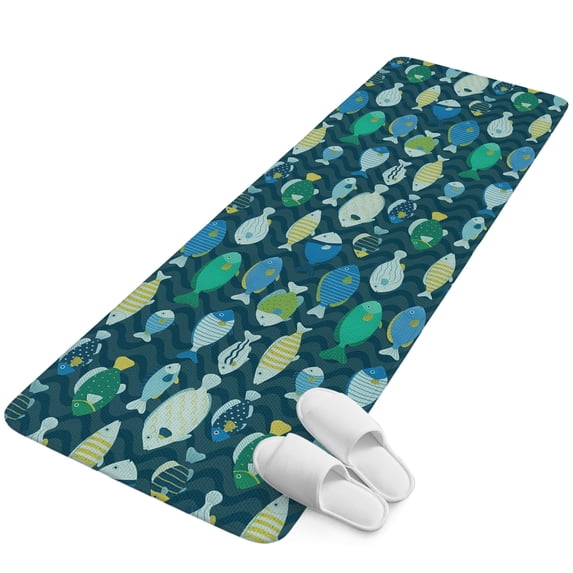 Runner Rug 15.7"x47.2", Deep Green Fishes Non Slip Backing Floor Mats Area Rugs, Absorbent Muddy Dirt Trapping Carpet for Hallway Entryway Kitchen Bedside Cartoon Coastal Ocean Fish Striped