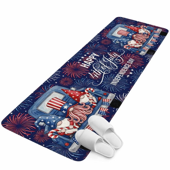 Runner Rug 15.7"x47.2", Independence Day Gnomes Non Slip Backing Floor Mats Area Rugs, Absorbent Muddy Dirt Trapping Carpet for Hallway Entryway Kitchen Bedside Blue Truck Firework Navy Blue