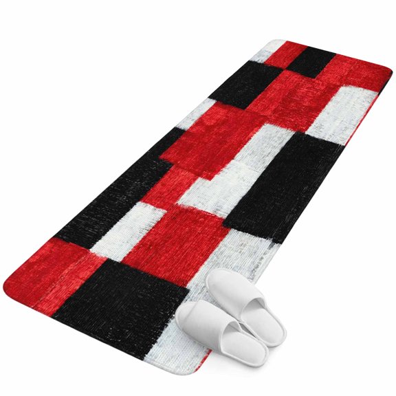 Runner Rug 15.7"x47.2", Modern Patchwork Texture Non Slip Backing Floor Mats Area Rugs, Absorbent Muddy Dirt Trapping Carpet for Hallway Entryway Kitchen Bedside Abstract Blocks Geometric Red Black