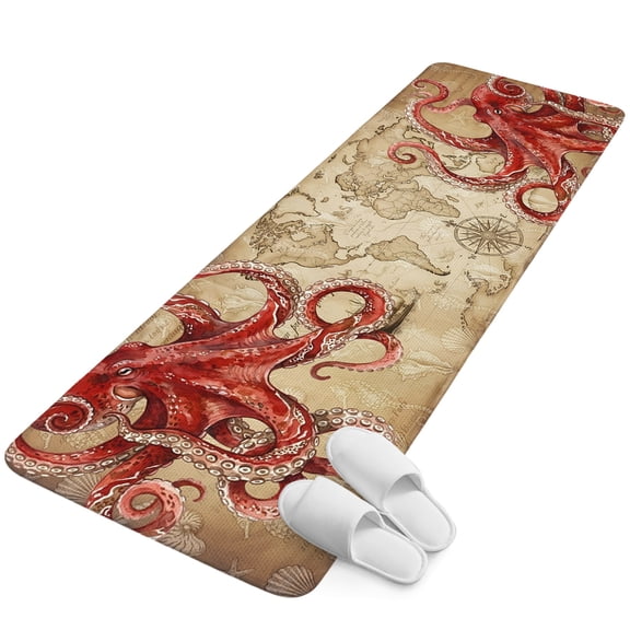 Runner Rug 15.7"x47.2", Ocean Red Octopus Non Slip Backing Floor Mats Area Rugs, Absorbent Muddy Dirt Trapping Carpet for Hallway Entryway Kitchen Bedside Coastal Anchor Sea Boat Retro World Map