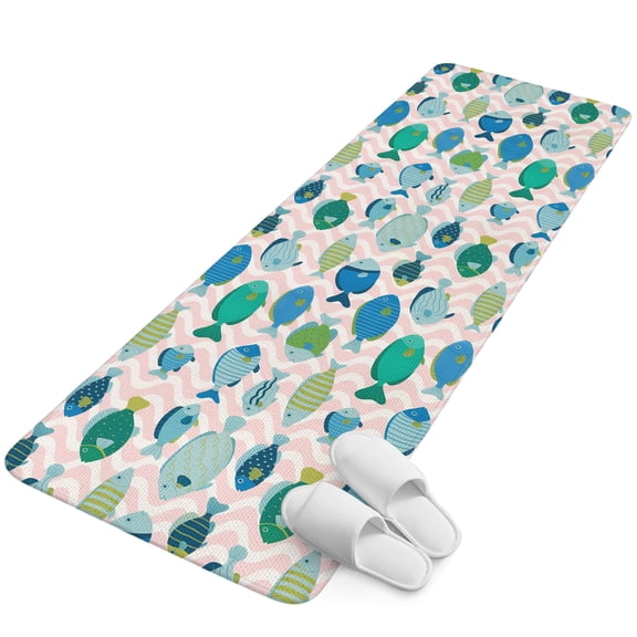 Runner Rug 15.7"x47.2", Pink Fishes Non Slip Backing Floor Mats Area Rugs, Absorbent Muddy Dirt Trapping Carpet for Hallway Entryway Kitchen Bedside Living Room Cartoon Coastal Ocean Fish Striped