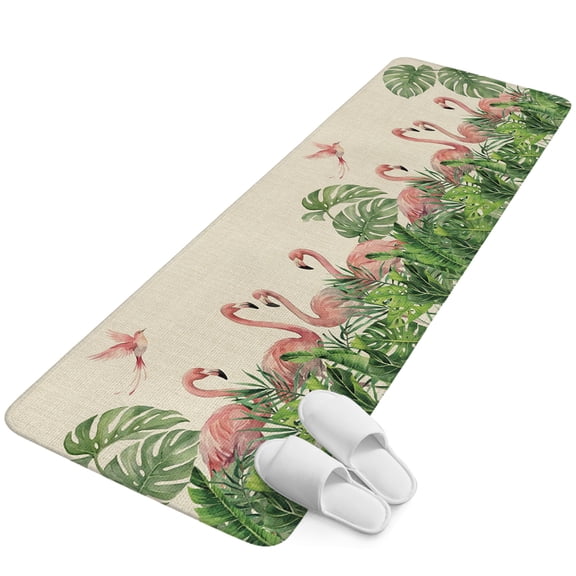 Runner Rug 15.7"x47.2", Pink Flamingo Rustic Non Slip Backing Floor Mats Area Rugs, Absorbent Muddy Dirt Trapping Carpet for Hallway Entryway Kitchen Bedside Tropical Summer Palm Leaves Burlap