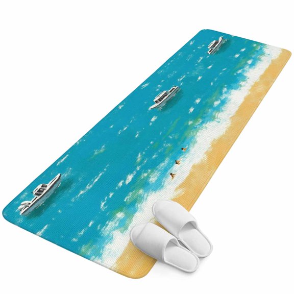 Runner Rug 15.7"x47.2", Summer Blue Beach Non Slip Backing Floor Mats Area Rugs, Absorbent Muddy Dirt Trapping Carpet for Hallway Entryway Kitchen Bedside Vintage Coastal Sea Cruises Oil Painting