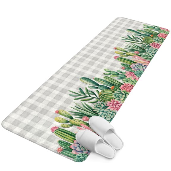 Runner Rug 15.7"x47.2", Summer Botanical Non Slip Backing Floor Mats Area Rugs, Absorbent Muddy Dirt Trapping Carpet for Hallway Entryway Kitchen Bedside Tropical Cactus Succulents Gray Plaid