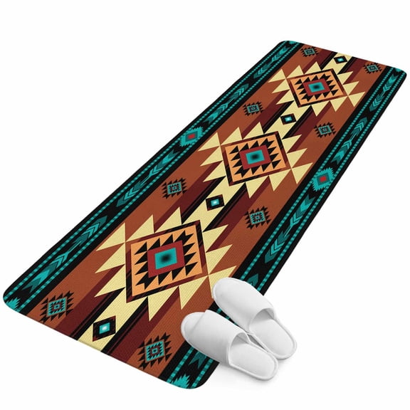 Runner Rug 15.7"x47.2", Turquoise Red Non Slip Backing Floor Mats Area Rugs, Absorbent Muddy Dirt Trapping Carpet for Hallway Entryway Kitchen Bedside Southwest American Native Abstract Pattern