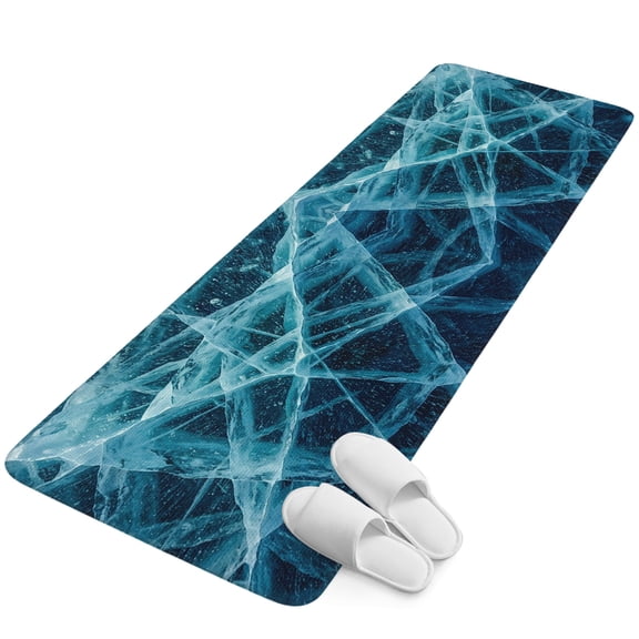 Runner Rug 15.7"x47.2", Winter Cracked Ice Non Slip Backing Floor Mats Area Rugs, Absorbent Muddy Dirt Trapping Carpet for Hallway Entryway Kitchen Bedside Blue Cyan Abstract Geometric Striped
