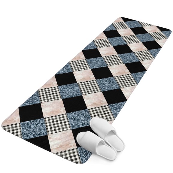 Runner Rug 2.62'x5.25', Blue Leopard Black Plaid Non Slip Backing Floor Mats Soft Area Rugs, Absorbent Muddy Dirt Trapping Carpet for Entryway Hallway Kitchen Bedroom Geometric Diamond Patchwork