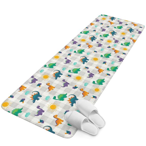Runner Rug 2.62'x5.25', Cartoon Dinosaur Non Slip Backing Floor Mats Soft Area Rugs, Absorbent Muddy Dirt Trapping Carpet for Entryway Hallway Kitchen Watercolor Funny Cute Dino Sun Grey Plaid