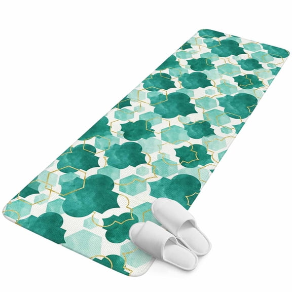 Runner Rug 2.62'x5.25', Green Geometric Moroccan Non Slip Backing Floor Mats Soft Area Rugs, Absorbent Muddy Dirt Trapping Carpet for Entryway Hallway Kitchen Bedroom Abstract Art Teal Ombre Modern