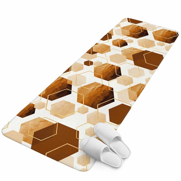 Runner Rug 2.62'x5.25', Orange Marble Non Slip Backing Floor Mats Soft Area Rugs, Absorbent Muddy Dirt Trapping Carpet for Entryway Hallway Kitchen Bedroom Gold White Geometric Hexagon Modern