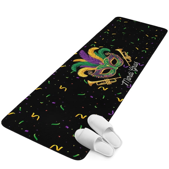 Runner Rug 2.62'x6.56', Carnival Non Slip Backing Floor Mats Soft Area Rugs, Absorbent Muddy Dirt Trapping Carpet for Entryway Hallway Bedroom Kitchen Chic Purple Green Feathers Mask Ribbons