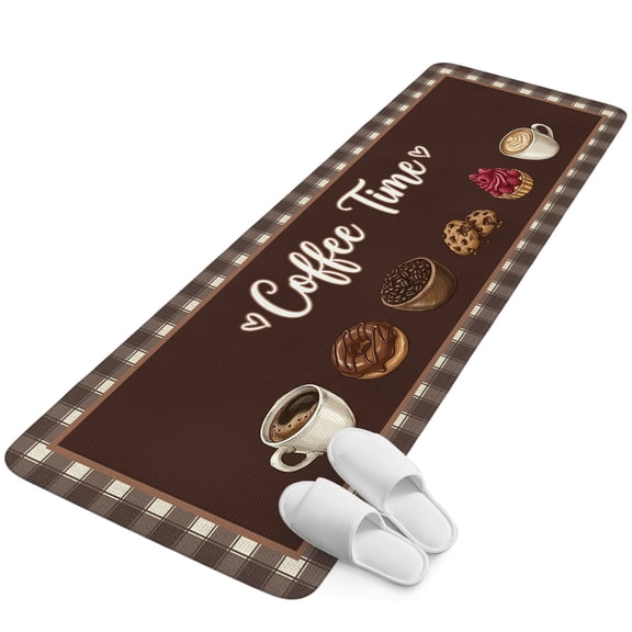 Runner Rug 2.62'x6.56', Coffee Time Non Slip Backing Floor Mats Soft Area Rugs, Absorbent Muddy Dirt Trapping Carpet for Entryway Hallway Bedroom Kitchen Vintage Farmhouse Coffee Beans Brown Plaid