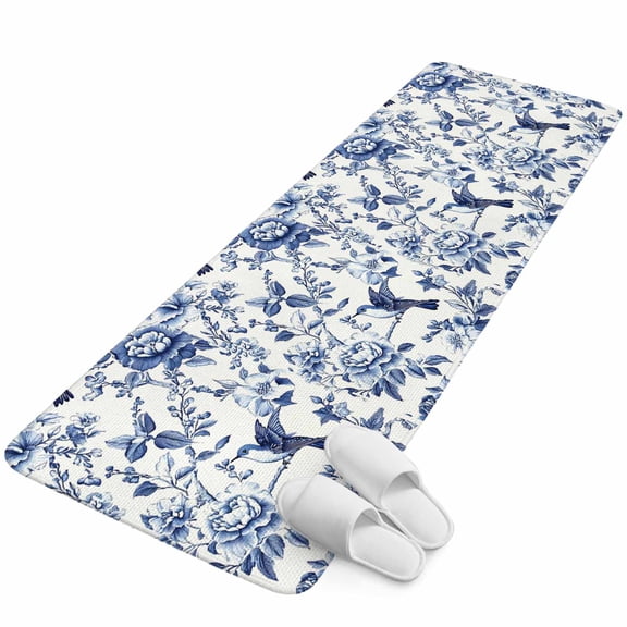 Runner Rug 2.62'x6.56', White Blue Spring Floral Non Slip Backing Floor Mats Soft Area Rugs, Absorbent Muddy Dirt Trapping Carpet for Entryway Hallway Bedroom Kitchen Summer Botanical Hummingbird