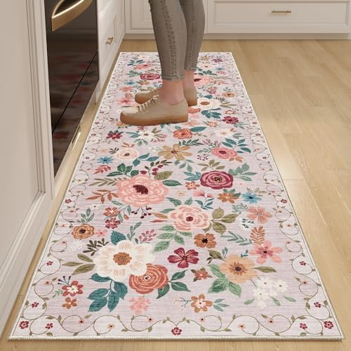 Runner Rug, 2.6x8 Kitchen Runner Rug for Hallway with Non Slip Backing, Washable Low Pile Soft Boho Floral Carpet for Hallway, Kitchen, Entryway, Laundry, Bedroom, Beige