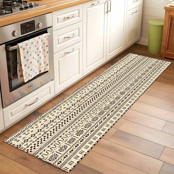 Runner Rug 2 x 6 Ft, Abstract Boho Washable Non-Slip Floor Mat for Kitchen Hallway/Entryway, Modern African Ethnic Geometric Beige Long Kitchen Runner Area Rugs for Living Room, Low-Profile