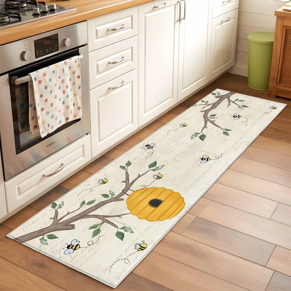 Runner Rug 2 x 6 Ft, Bees Branches Washable Non-Slip Floor Mat for Kitchen Hallway/Entryway, Farmhouse Spring Botanical Elegant Long Kitchen Runner Area Rugs for Living Room, Low-Profile