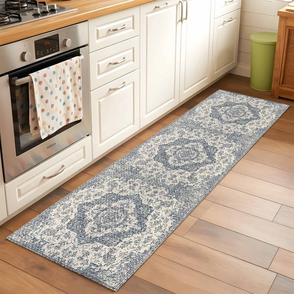 Runner Rug 2 x 6 Ft, Beige Blue Boho Washable Non-Slip Floor Mat for Kitchen Hallway/Entryway, Medieval Vintage Ethnic Floral Abstract Long Kitchen Runner Area Rugs for Living Room, Low-Profile
