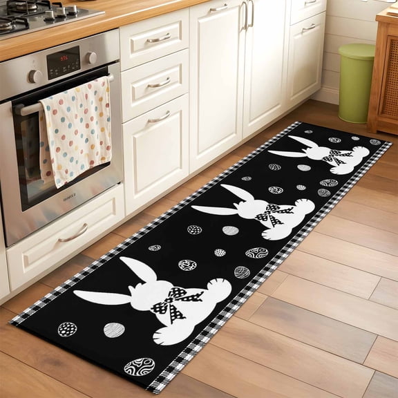 Runner Rug 2 x 6 Ft, Black Easter Washable Non-Slip Floor Mat for Kitchen Hallway/Entryway, Simple Cute Rabbit Eggs Buffalo Checkered Long Kitchen Runner Area Rugs for Living Room, Low-Profile