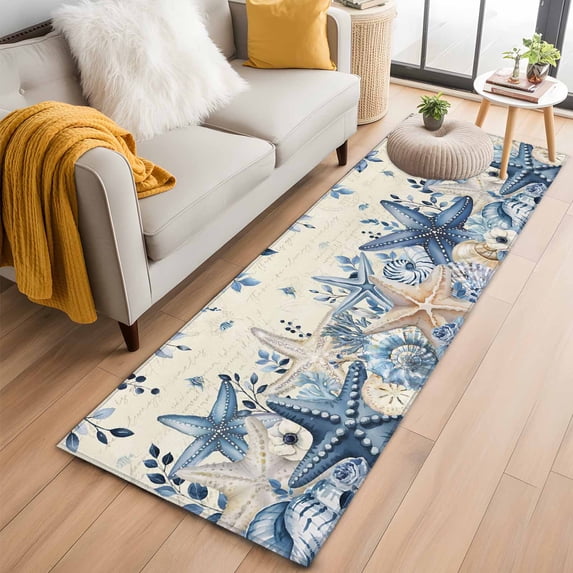 Runner Rug 2 x 6 Ft, Blue Coastal Starfish Washable Non-Slip Floor Mat for Kitchen Hallway/Entryway, Beach Nautical Shell Eucalyptus Retro Long Kitchen Runner Area Rugs for Living Room, Low-Profile