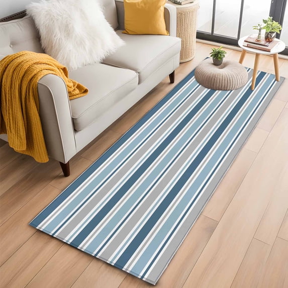 Runner Rug 2 x 6 Ft, Blue Grey Striped Washable Non-Slip Floor Mat for Kitchen Hallway/Entryway, Farmhouse Stripes Modern Abstract Art Long Kitchen Runner Area Rugs for Living Room, Low-Profile