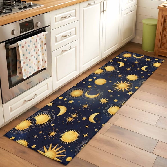 Runner Rug 2 x 6 Ft, Blue Star Sky Washable Non-Slip Floor Mat for Kitchen Hallway/Entryway, Retro Fantasy Farmhouse Gold Moon Sun Long Kitchen Runner Area Rugs for Living Room, Low-Profile
