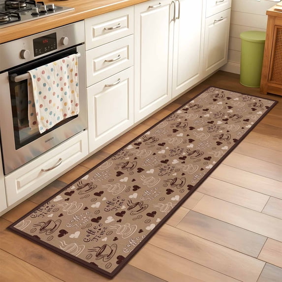 Runner Rug 2 x 6 Ft, Brown Coffee Cup Washable Non-Slip Floor Mat for Kitchen Hallway/Entryway, Vintage Coffee Beans Love Heart Long Kitchen Runner Area Rugs for Living Room, Low-Profile