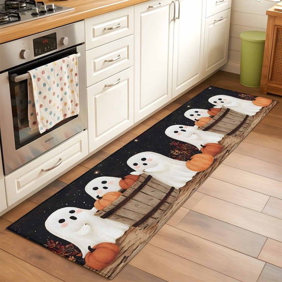 Runner Rug 2 x 6 Ft, Cute Ghosts Washable Non-Slip Floor Mat for Kitchen Hallway/Entryway, Autumn Orange Napkins Harvest Black Night Long Kitchen Runner Area Rugs for Living Room, Low-Profile