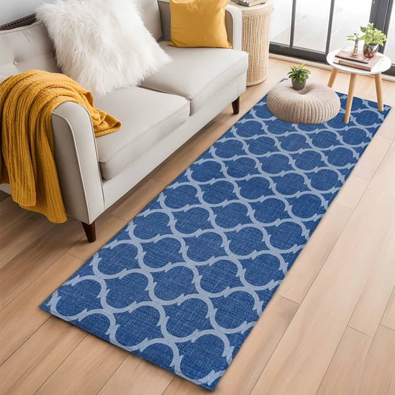 Runner Rug 2 x 6 Ft, Dark Blue Morocco Washable Non-Slip Floor Mat for Kitchen Hallway/Entryway, Ethnic Abstract Geometric Quatrefoil Grid Long Kitchen Runner Area Rugs for Living Room, Low-Profile