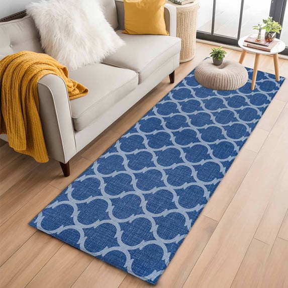 Runner Rug 2 x 6 Ft, Dark Blue Morocco Washable Non-Slip Floor Mat for Kitchen Hallway/Entryway, Ethnic Abstract Geometric Quatrefoil Grid Long Kitchen Runner Area Rugs for Living Room, Low-Profile