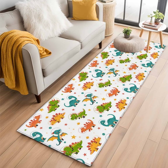 Runner Rug 2 x 6 Ft, Dinosaurs Washable Non-Slip Floor Mat for Kitchen Hallway/Entryway, Green Orange Blue Cartoon Dinosaurs Long Kitchen Runner Area Rugs for Living Room, Low-Profile