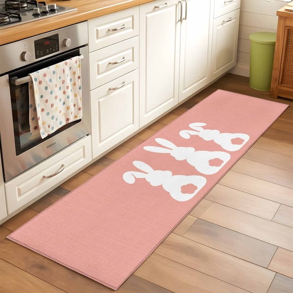 Runner Rug 2 x 6 Ft, Easter Bunny Washable Non-Slip Floor Mat for Kitchen Hallway/Entryway, Cute Rabbit Family Vintage Pink Abstract Long Kitchen Runner Area Rugs for Living Room, Low-Profile