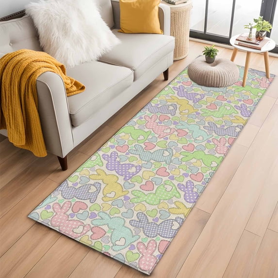 Runner Rug 2 x 6 Ft, Easter Washable Non-Slip Floor Mat for Kitchen Hallway/Entryway, Watercolor Rabbits Love Polka Dots Spring Beige Long Kitchen Runner Area Rugs for Living Room, Low-Profile
