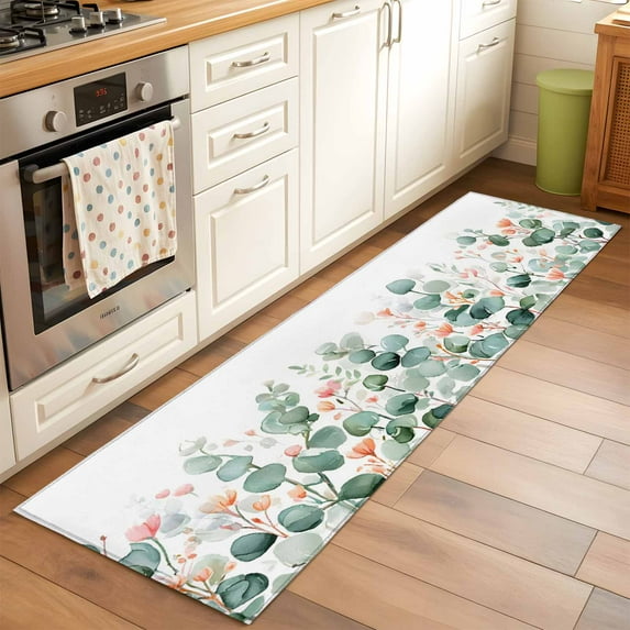 Runner Rug 2 x 6 Ft, Eucalyptus Leaves Washable Non-Slip Floor Mat for Kitchen Hallway/Entryway, Watercolor Green Red Flower Plant Long Kitchen Runner Area Rugs for Living Room, Low-Profile