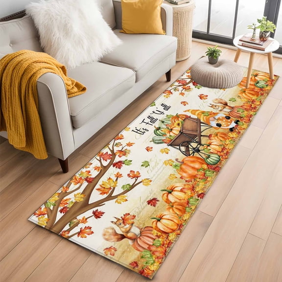 Runner Rug 2 x 6 Ft, Fall Maple Leaves Washable Non-Slip Floor Mat for Kitchen Hallway/Entryway, Thanksgiving Pumpkins Gnomes Rustic Long Kitchen Runner Area Rugs for Living Room, Low-Profile