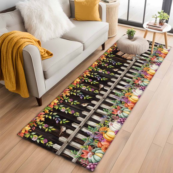 Runner Rug 2 x 6 Ft, Fall Pumpkins Washable Non-Slip Floor Mat for Kitchen Hallway/Entryway, Autumn Leaves Thanksgiving Country Fence Long Kitchen Runner Area Rugs for Living Room, Low-Profile