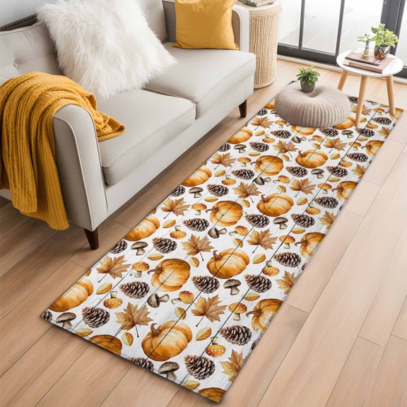 Runner Rug 2 x 6 Ft, Fall Pumpkins Washable Non-Slip Floor Mat for Kitchen Hallway/Entryway, Thanksgiving Maple Pine Cone Rustic Mushrooms Long Kitchen Runner Area Rugs for Living Room, Low-Profile