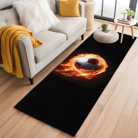Runner Rug 2 x 6 Ft, Football Washable Non-Slip Floor Mat for Kitchen Hallway/Entryway, Modern Buruning Flame Sport Black Background Long Kitchen Runner Area Rugs for Living Room, Low-Profile