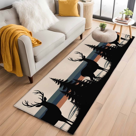 Runner Rug 2 x 6 Ft, Forest Elk Washable Non-Slip Floor Mat for Kitchen Hallway/Entryway, Animal Antlers Silhouette Tree Stripes Long Kitchen Runner Area Rugs for Living Room, Low-Profile