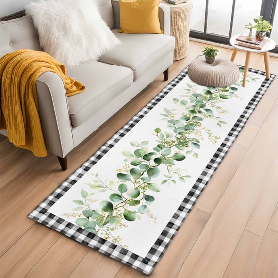 Runner Rug 2 x 6 Ft, Green Eucalyptus Leaves Washable Non-Slip Floor Mat for Kitchen Hallway/Entryway, Modern Art Farmhouse Plaid Long Kitchen Runner Area Rugs for Living Room, Low-Profile