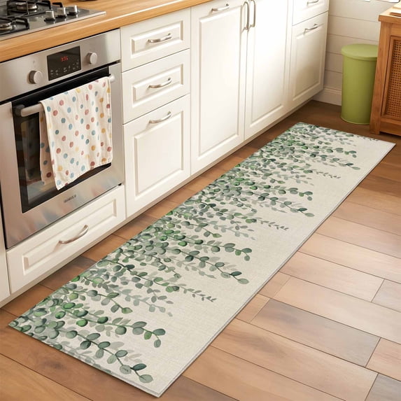 Runner Rug 2 x 6 Ft, Green Eucalyptus Leaves Washable Non-Slip Floor Mat for Kitchen Hallway/Entryway, Summer Botanical Weeping Rustic Long Kitchen Runner Area Rugs for Living Room, Low-Profile