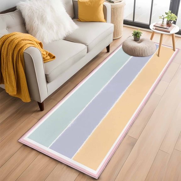 Runner Rug 2 x 6 Ft, Green Purple Yellow Washable Non-Slip Floor Mat for Kitchen Hallway/Entryway, Colorful Blocks Abstract Striped Long Kitchen Runner Area Rugs for Living Room, Low-Profile