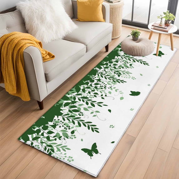 Runner Rug 2 x 6 Ft, Green Spring Botanical Washable Non-Slip Floor Mat for Kitchen Hallway/Entryway, Weeping Eucalyptus Butterfly Long Kitchen Runner Area Rugs for Living Room, Low-Profile