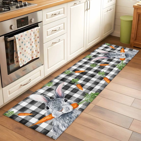 Runner Rug 2 x 6 Ft, Grey Bunny Easter Washable Non-Slip Floor Mat for Kitchen Hallway/Entryway, Rabbits Spring Botanical Black White Plaid Long Kitchen Runner Area Rugs for Living Room, Low-Profile