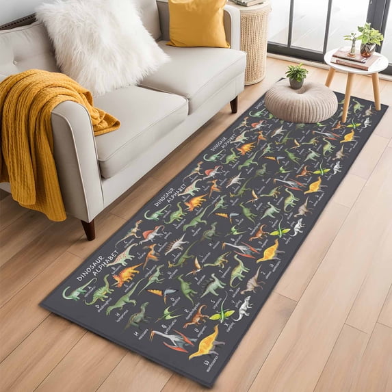Runner Rug 2 x 6 Ft, Grey Dinosaur Washable Non-Slip Floor Mat for Kitchen Hallway/Entryway, Vintage Letters Farm Animals Long Kitchen Runner Area Rugs for Living Room, Low-Profile