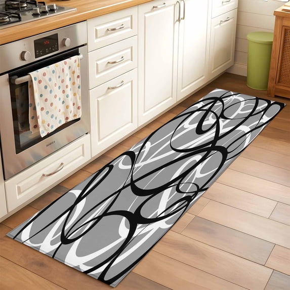 Runner Rug 2 x 6 Ft, Grey Geometric Washable Non-Slip Floor Mat for Kitchen Hallway/Entryway, Retro Black White Abstract Striped Lines Long Kitchen Runner Area Rugs for Living Room, Low-Profile