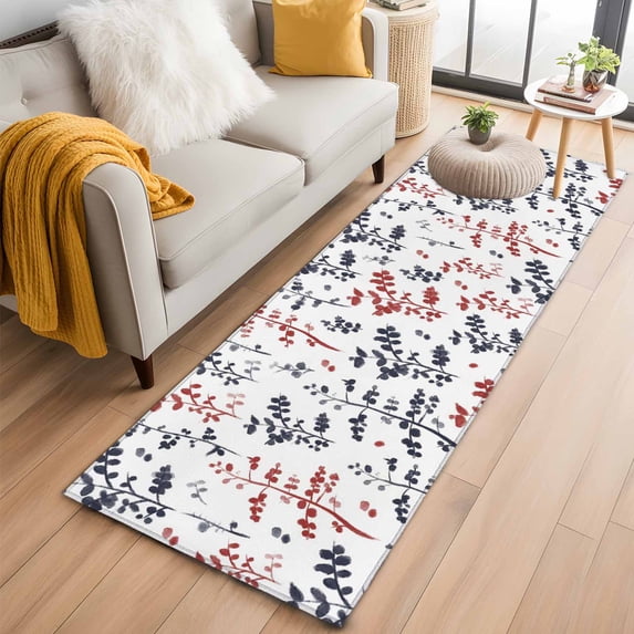 Runner Rug 2 x 6 Ft, Grey Red Botanical Washable Non-Slip Floor Mat for Kitchen Hallway/Entryway, Watercolor Spring Floral Summer Leaf Long Kitchen Runner Area Rugs for Living Room, Low-Profile