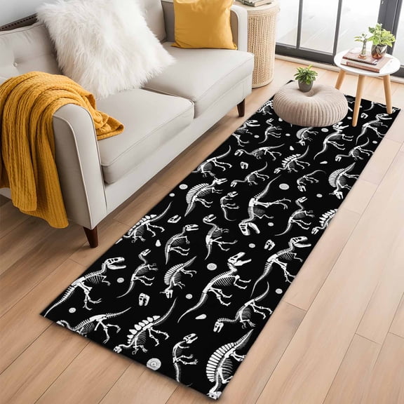 Runner Rug 2 x 6 Ft, Halloween Dinosaur Black Washable Non-Slip Floor Mat for Kitchen Hallway/Entryway, Funny Dino Skull Boys Girls Children Long Kitchen Runner Area Rugs for Living Room, Low-Profile