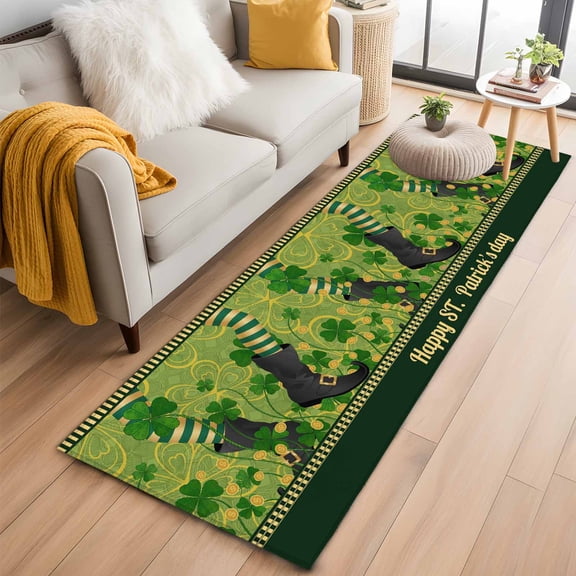Runner Rug 2 x 6 Ft, Happy St. Patrick's Washable Non-Slip Floor Mat for Kitchen Hallway/Entryway, Green Shamrock Shoots Coin Vintage Country Long Kitchen Runner Area Rugs for Living Room,